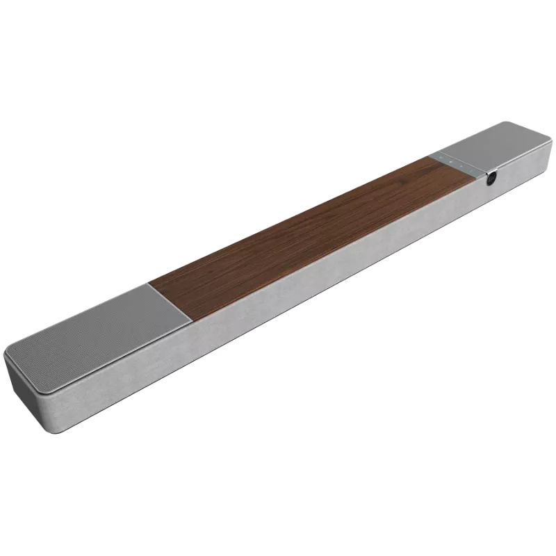Garso juostos garsiakalbis KLIPSCH 1073541 — 3.1.2 kanalai, 100 W RMS, įmontuotas žemų dažnių garsiakalbis, pilka/riešutmedžio spalva