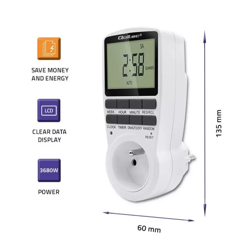 Elektroninis laikmatis QOLTEC PC0628 su LCD ekranu, 24 valandų atgalinė atskaita