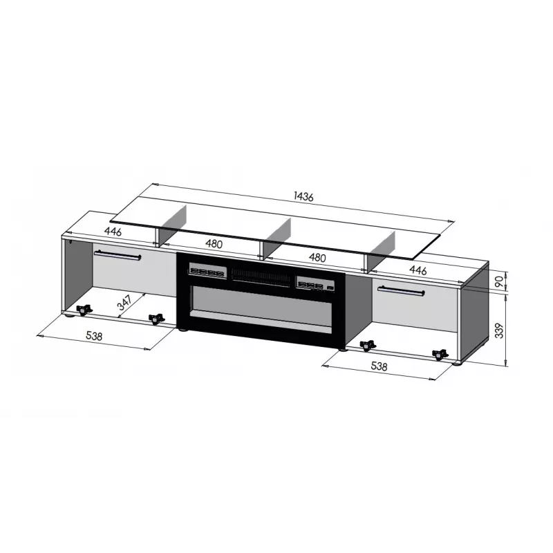 TV spintelė Cama Meble ROVA su elektriniu židiniu 190x37x48 cm balta / blizgi balta