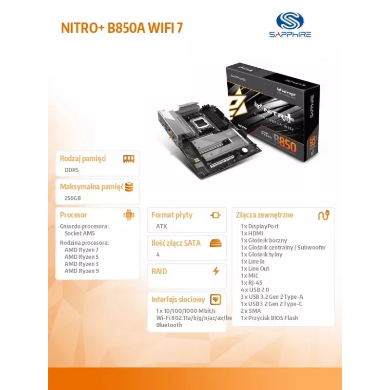Pagrindinė plokštė Sapphire NITRO+ B850A WIFI 7 AMD B850 lizdas AM5 micro ATX, DDR5, 4 DIMM, 256 GB, Wi‑Fi 7, 2,5GbE