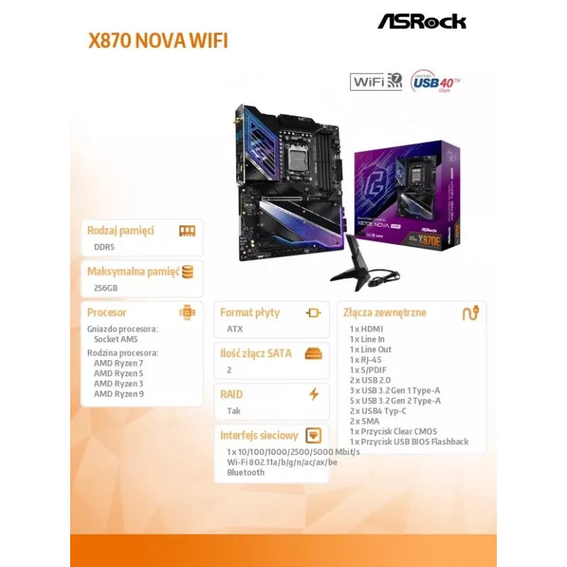 Motininė plokštė ASRock X870 NOVA WIFI — AMD X870, Socket AM5, ATX, 4× DIMM DDR5, 256GB, Wi‑Fi 6E, 2.5GbE