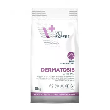 Sausas šunų maistas VETEXPERT Dermatosis Lamb & Krill 12 kg — veterinarinė dieta odos ligoms, baltymų 24%, riebalų 17%