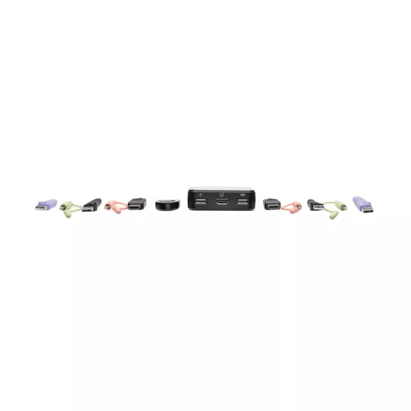 Eaton Tripp Lite serijos 2 prievadų USB/HD kabelių KVM jungiklis su garsu/vaizdu, kabeliais ir USB periferinių įrenginių bendrinimu - KVM-/garso-/USB jungiklis - 2 x KVM/garso/USB - 1 vietinis vartotojas - darbalaukis
