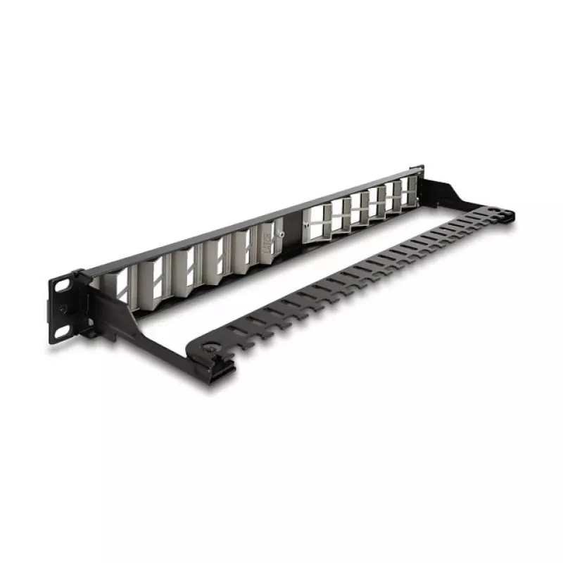 DELOCK 19 inch Keystone Patch Panel 24 prievadų kampinis su įtempimo sumažinimu, 1U, juodas, 482,6×125,5×44,2 mm