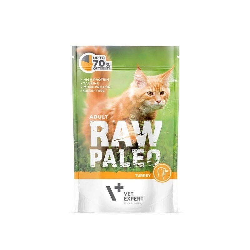 Drėgnas kačių maistas VETEXPERT Raw Paleo Adult Cat Turkey 100 g — be grūdų, 10,3% baltymų, 5,3% riebalų, 79 % drėgmės
