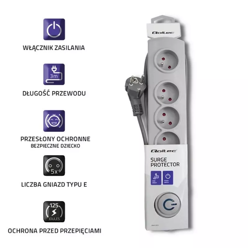 Qoltec 50272 viršįtampių apsaugos įrenginys, pilkas, 5 kintamosios srovės lizdai, 230 V, 3 m