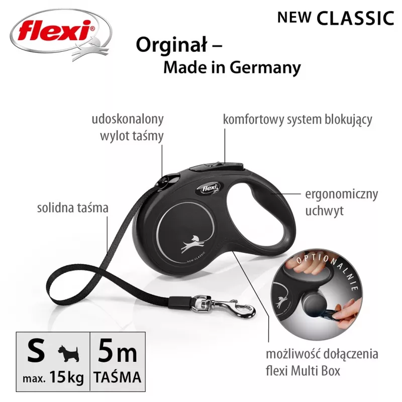 Flexi New CLASSIC 5 m juodas šunų ištraukiamas pavadėlis