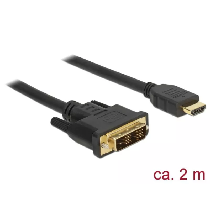 DeLOCK - Vaizdo kabelis - Vieno kanalo - HDMI / DVI - DVI-D (V) į HDMI (V) - 2 m - Triguba izoliacija - Juoda - Varžtai nykščiams