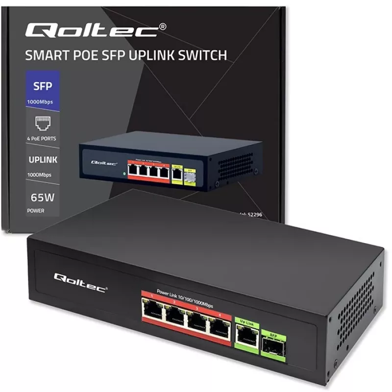 Ethernet PoE komutatorius QOLTEC 52296 — 4x RJ45 PoE prievadai, 1x RJ45 aukštyninė jungtis