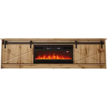 TV cabinet Cama Meble GRANERO su židinio spintele, Wotan ąžuolas, 2000×350×567 mm, 2 durelės, 2 lentynos