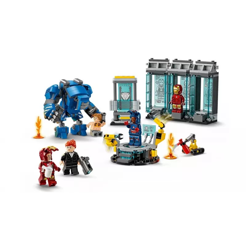 LEGO rinkinys „Marvel Iron Man's Laboratory Hall of Armor 76315“ — 384 detalės, 5 minifigūrėlės, ekspozicijos vieta