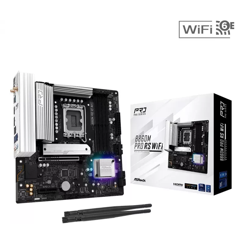 Pagrindinė plokštė ASRock B860M Pro RS WiFi — Intel B860, LGA 1851, micro ATX, DDR5, 4 DIMM, 3x M.2, 2.5Gb LAN, Wi‑Fi, Bluetooth