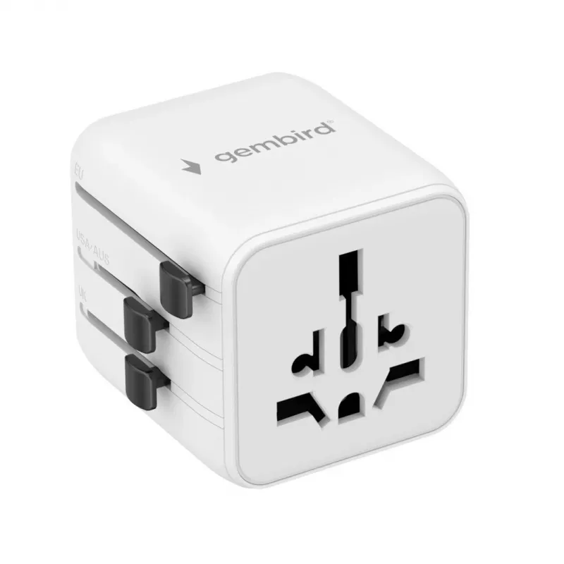 Universalus kelioninis maitinimo adapteris GEMBIRD TPA-INT-01-W — įvestis 100–250V, Type G kištukas, kompaktiški matmenys 84×56×85 mm