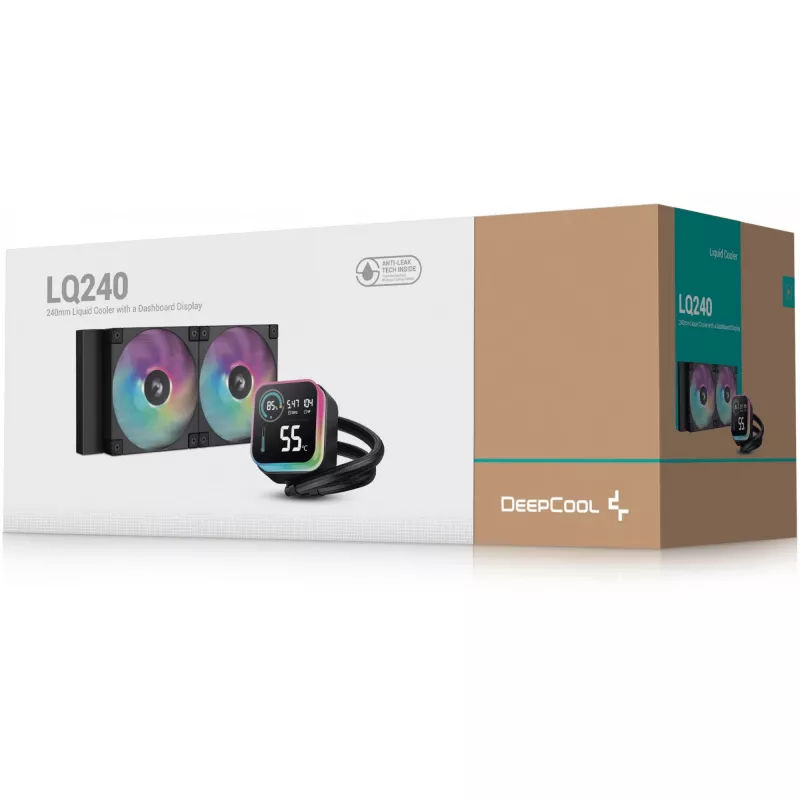 Skysčio aušinimo komplektas DeepCool LQ240 — 240 mm radiatorius, 2×120 mm PWM ventiliatoriai, RGB, 41 cm vamzdelis, aliuminis radiatorius, juodas