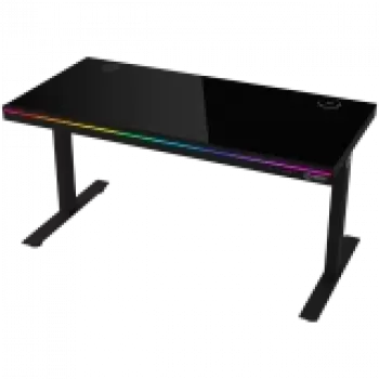 Dviejų variklių reguliuojamo aukščio žaidimų stalas su belaidžiu įkrovikliu, RGB apšvietimu, valdymo skydeliu ir USB prievadais, grūdinto stiklo stalviršis, juodas.
