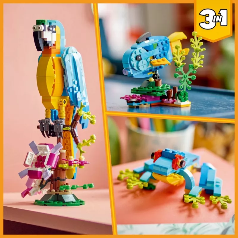 LEGO konstravimo rinkinys Egzotiška papūga 31136 — Creator parodomasis modelis, 253 dalys, 220×120×110 mm