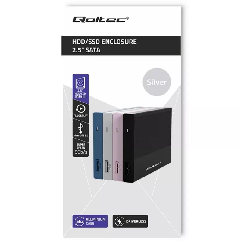 Korpusas 2,5 colio SATA SSD/HDD QOLTEC 52278 USB 3.0, palaiko iki 2 TB