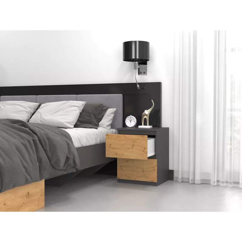Topeshop W2 ANTRACYT/ARTISAN nightstand/Naktinis staliukas 2 stalčius(s) antracitas, ąžuolas
