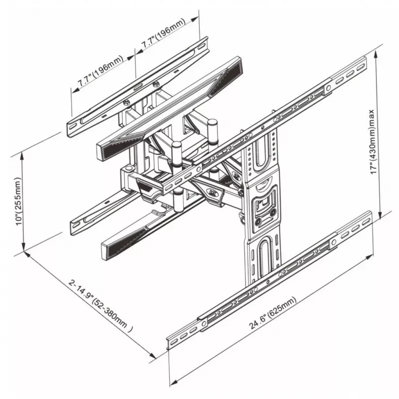 TV sieninis laikiklis ART, skirtas LCD/LED 40–75 colių, iki 45 kg, pasukamas ir pakreipiamas, aukštis 52–380 mm, maks. VESA 600x400