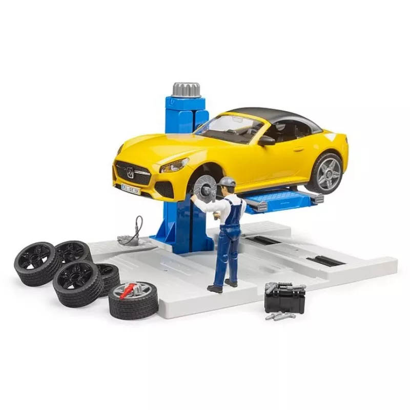 BRUDER Automobilių Serviso Centras bworld 62112 su Roadster žaidimų rinkiniu, priedų figūrėlėmis ir dirbtuvių elementais