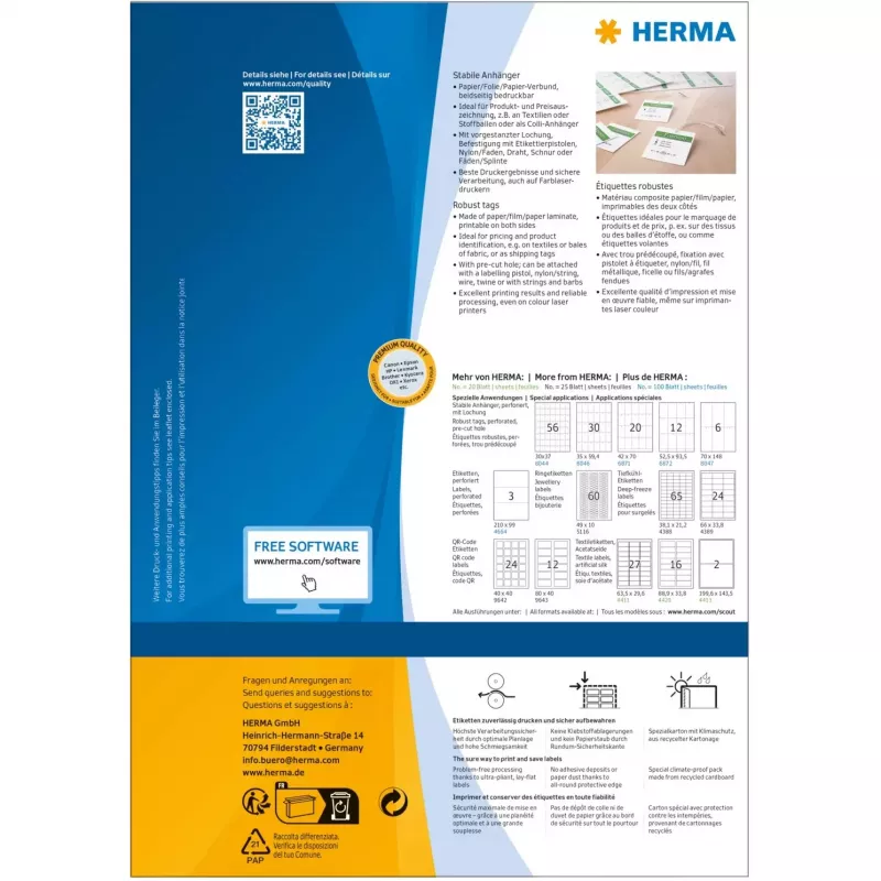 Patikimos etiketės HERMA A4 52,5x93,5 mm baltas popierius neklijuojamos 1200 vnt.