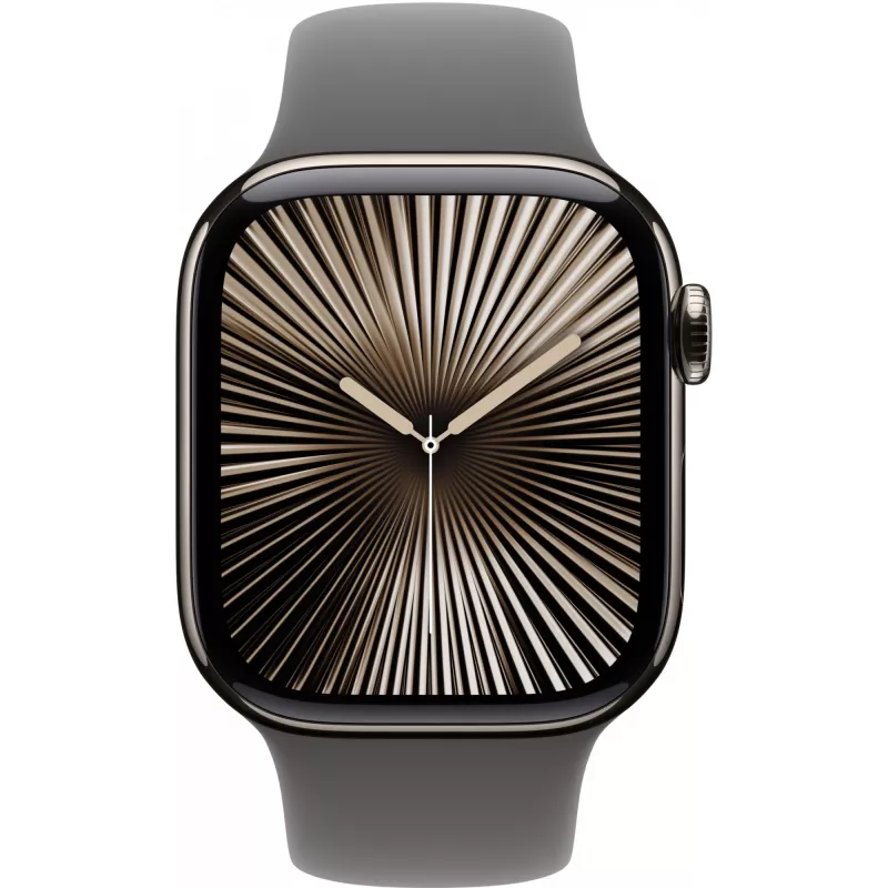 Apple Watch Series 10 GPS + Cellular 42 mm natūralaus titano korpusas su pilkai pilka sportine apyranke – S/M (MWXD3QF/A)