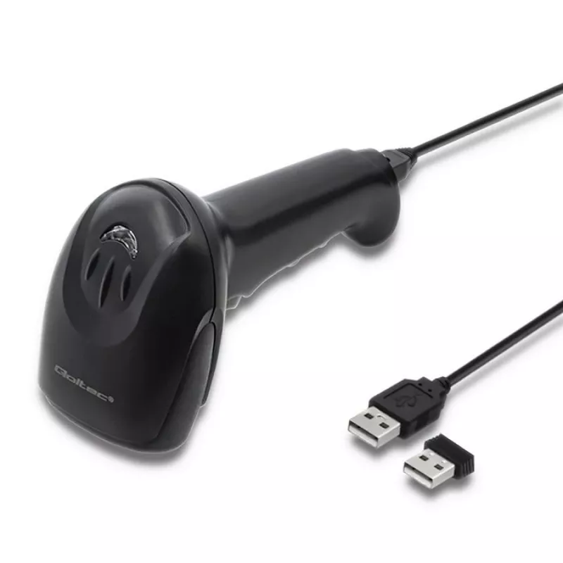 Rankinis brūkšninių kodų skaitytuvas QOLTEC 50868 — 1D/2D lazerinis skaitytuvas, USB laidinis ir belaidis, skaitymo atstumas 600 mm, juodas
