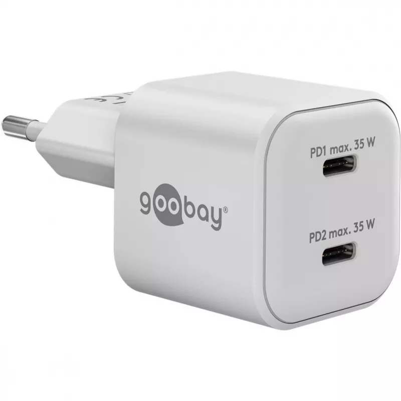 USB-C dvigubas greitasis įkroviklis Nano, PD, GaN, 35 W (baltas, 2x USB-C, Power Delivery 3.0)