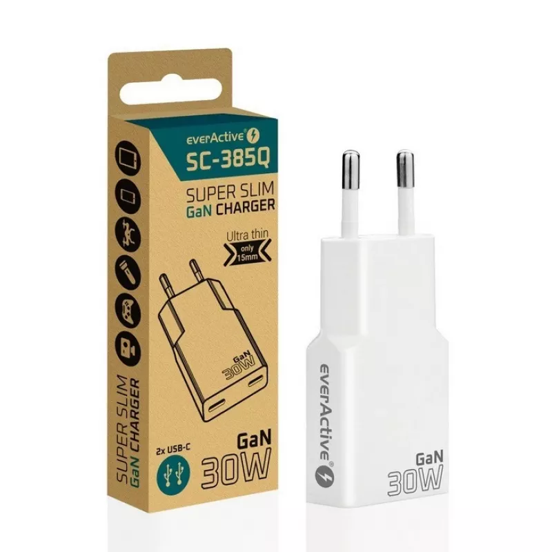 Maitinimo adapteris everActive SC-385Q Super plonas QC 4 Fast Charging — USB greitasis įkroviklis, kompaktiško dizaino