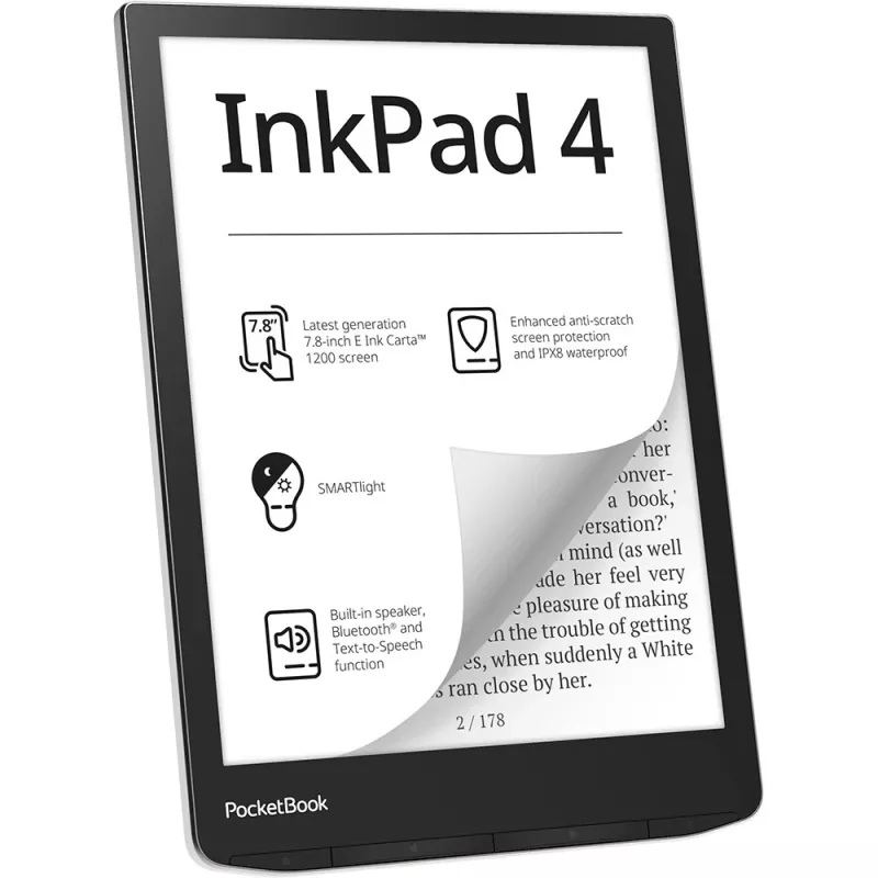 PocketBook InkPad 4 - 19,8 cm (7,8 colio) - E Ink Carta - 1404 x 1872 pikselių - ACSM - AZW - AZW3 - CBR - CBZ - CHM - DOC - DOCX - DjVu - EPUB - EPUB DRM - FB2 - FB2.ZIP - HTM - HTML - MOB