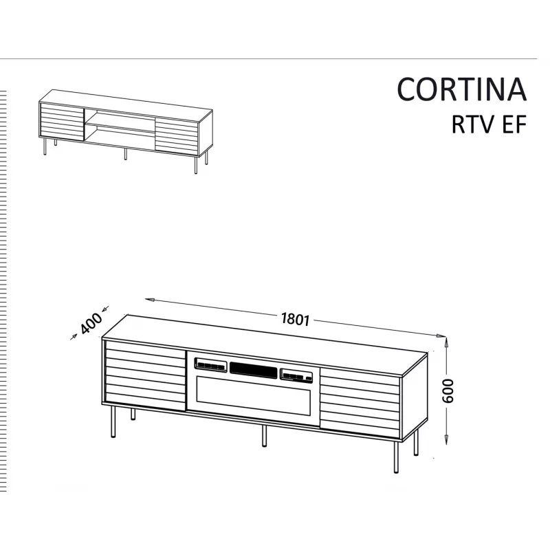 TV spintelė cama meble EF CORTINA 180×40×60 cm, viršus juodas, rėmas riešutmedžio