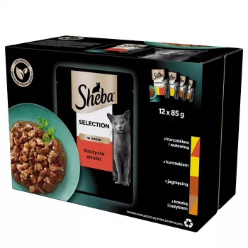 Šlapias kačių maistas Sheba Moist, paketėliai 12×85 g (1020 g), vištiena ir aviena, suaugusioms katėms