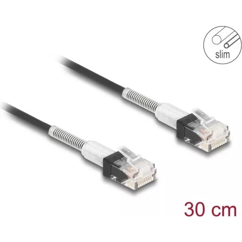 Tinklo kabelis DeLOCK RJ45 0,3 m Cat.6A UTP plonas juodas