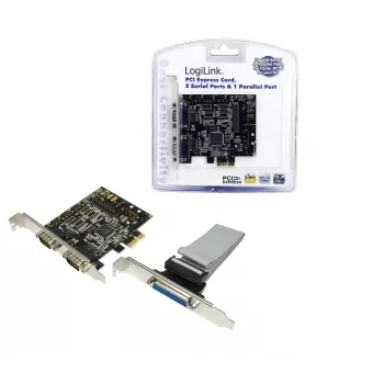 Vidinė PCIe sąsajos plokštė LOGILINK PC0033 su nuosekliaisiais ir lygiagrečiaisiais išėjimais, NetMOS mikroschemų rinkinys
