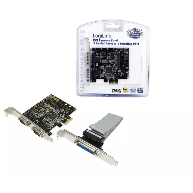 Vidinė PCIe sąsajos plokštė LOGILINK PC0033 su nuosekliaisiais ir lygiagrečiaisiais išėjimais, NetMOS mikroschemų rinkinys