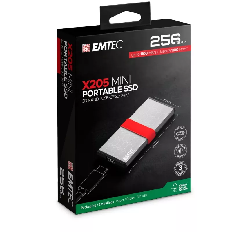 SSD Emtec 256GB Mini USB Type-C USB 3.2 Gen 2x2 Sidabrinis