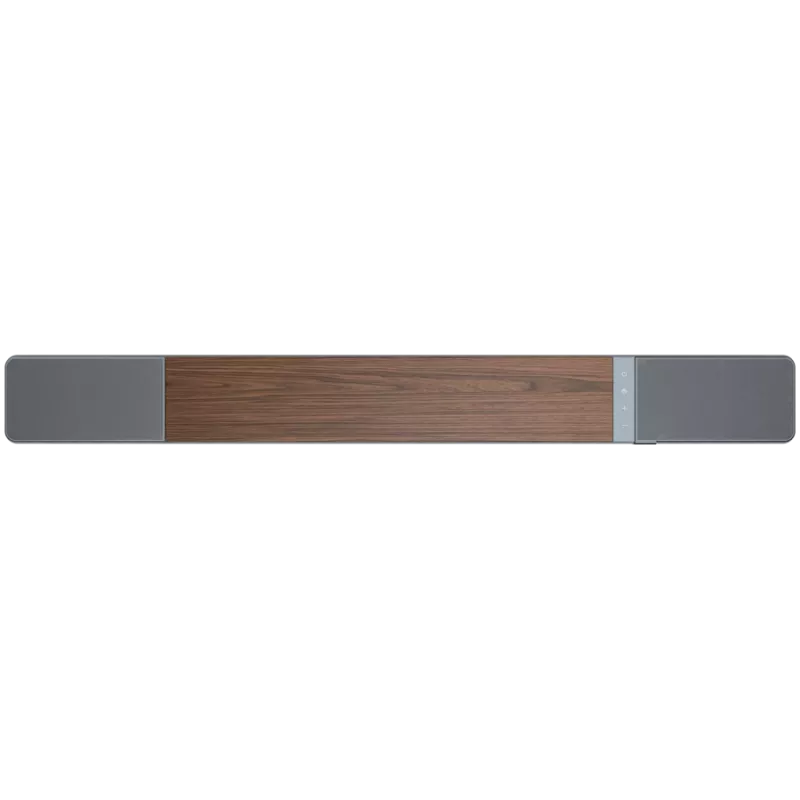 Garso juostos garsiakalbis KLIPSCH 1073541 — 3.1.2 kanalai, 100 W RMS, įmontuotas žemų dažnių garsiakalbis, pilka/riešutmedžio spalva