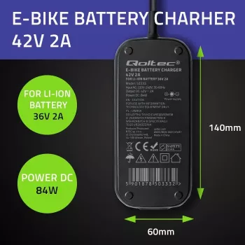 Qoltec greitasis įkroviklis 36V elektriniam paspirtukui / dviračiui | 42V | 2A | 5,5*2,5 | vandeniui atsparus + maitinimo laidas