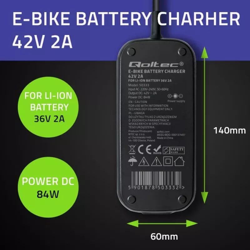 Qoltec greitasis įkroviklis 36V elektriniam paspirtukui / dviračiui | 42V | 2A | 5,5*2,5 | vandeniui atsparus + maitinimo laidas