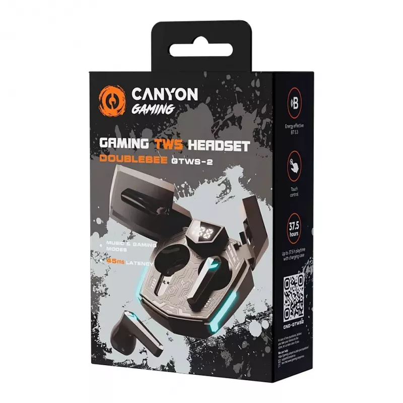 Canyon GTWS-2 belaidės ausinės su ausų kabliukais, žaidimams, USB Type-C, Bluetooth, įkrovimo doku, juodos (CND-GTWS2B)
