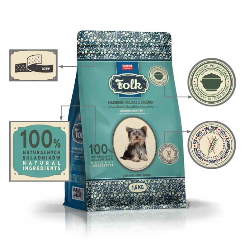 FOLK Small breeds Tradicinis mozūrų elnienos troškinys su burokėliais ir spanguolėmis - sausas šunų ėdalas - 1,6kg