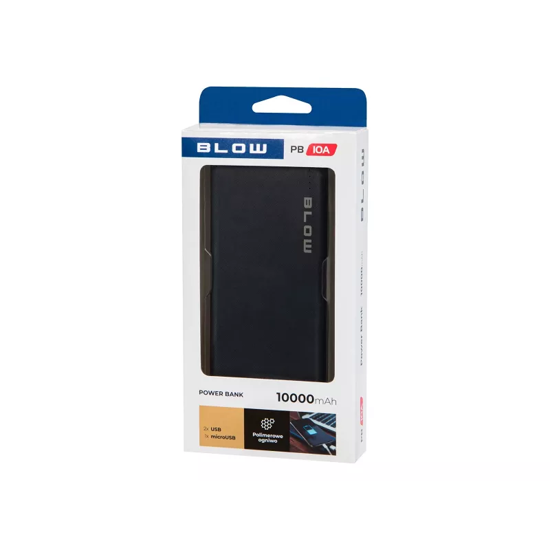 Nešiojama išorinė baterija BLOW PB10A 10000 mAh polimerinė baterija, 2x USB-A išėjimai, 22,5 W bendra galia, Micro‑USB įvestis, juoda