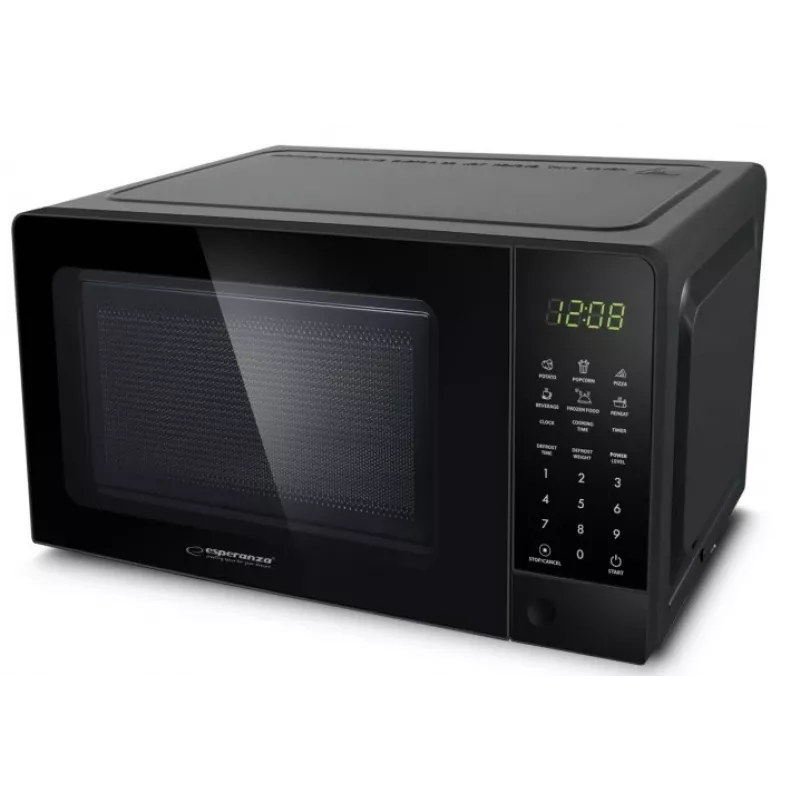Solo mikrobangų krosnelė ESPERANZA EKO009 — 700 W, 20 L, LED ekranas, jutiklinis valdymas, 24,5 cm stiklinis sukamojo stalo padėklas, juoda
