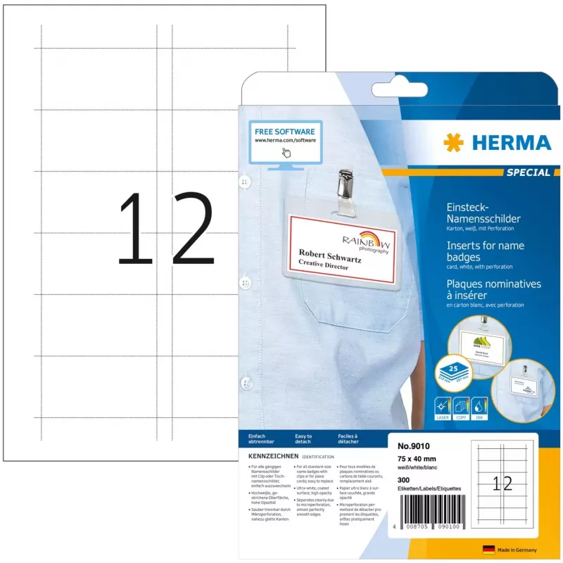 Įdėklai vardinėms kortelėms HERMA A4 75x40 mm 300 vnt.