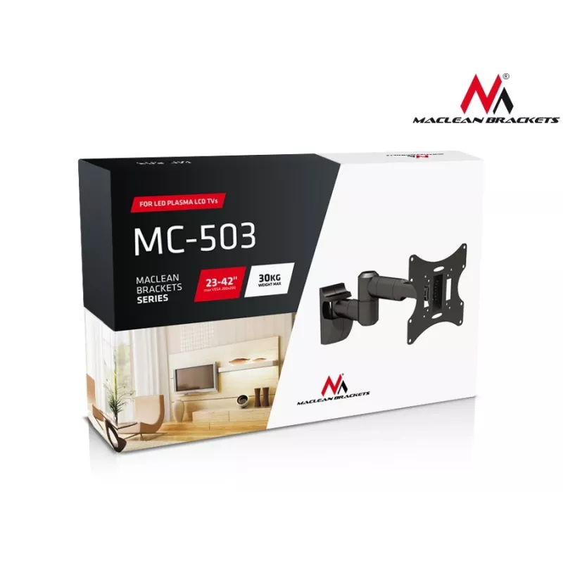 Sieninis laikiklis MACLEAN MC-503A S 23 col.–42 col. ekranams, pakreipimas ±20°, VESA 75×75–200×200, 30 kg, sidabrinis