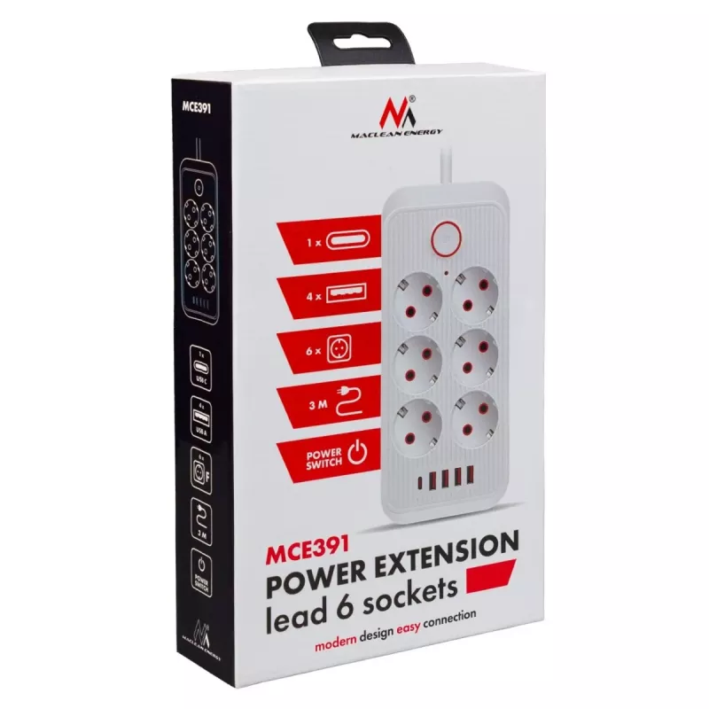 Maitinimo lizdas MACLEAN MCE391 B – 6 lizdai, 4×USB-A + 1×USB-C, 110–240V, 2500W, 3 m kabelis, juodas