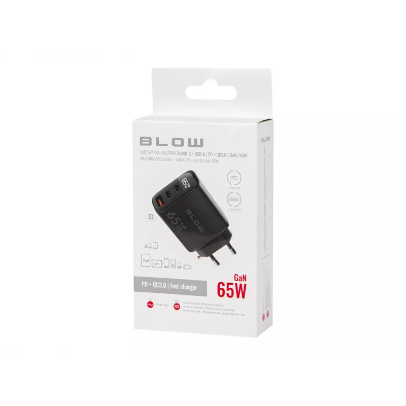 LCD sieninis įkroviklis USB lizdas + USB-Cx2 PD 65W GAN juodas vatmetras