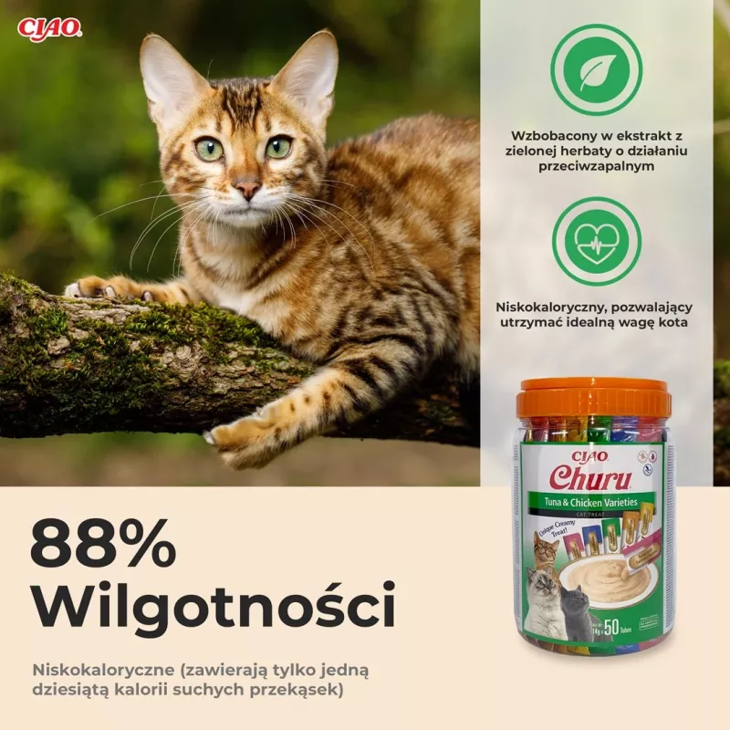 Šlapi kačių skanėstai INABA Churu Varieties — vištiena ir tunas, 50 x 14 g pastos tūbelių, be grūdų, be glitimo ir be cukraus