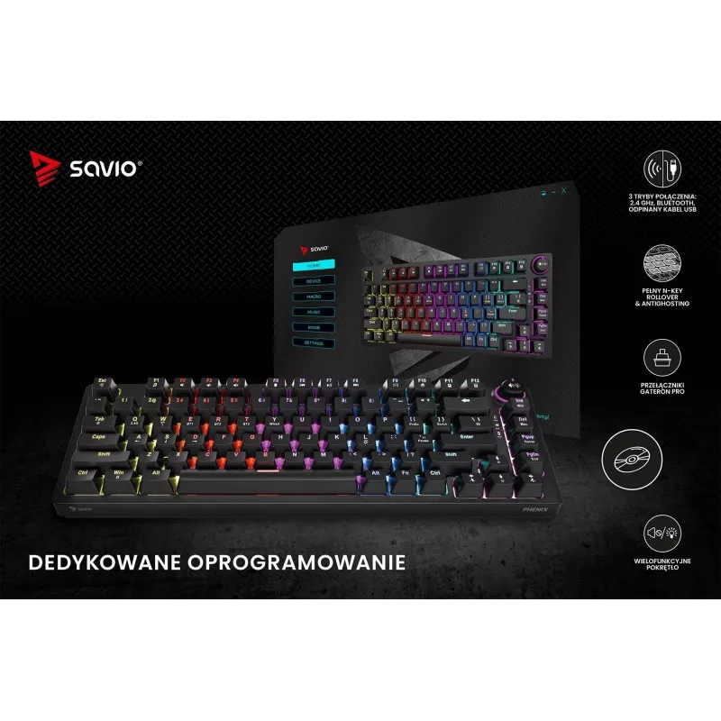 Savio Phenix SAVGK-RED klaviatūra, skirta žaidimams, USB, RF belaidė, Bluetooth, QWERTY