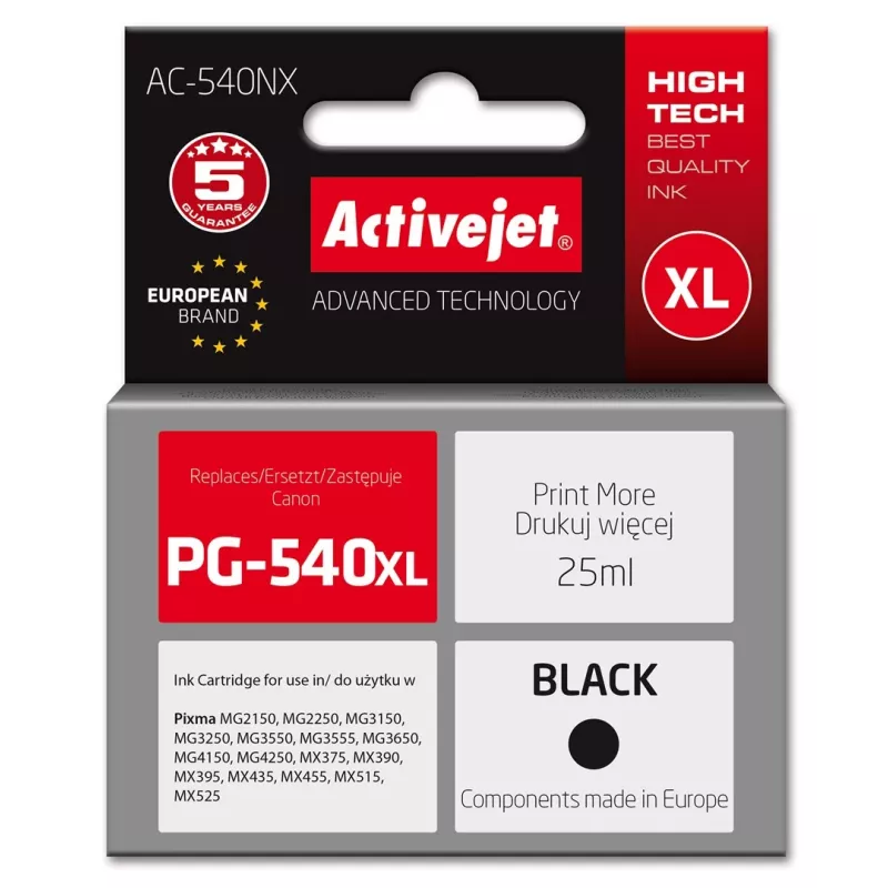 Activejet AC-540NX rašalas, skirtas Canon spausdintuvui (pakaitalas Canon PG-540XL) Supreme, 25 ml, juodas